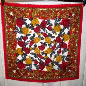 Stunning Vintage Floral Rose Print Scarf 30" Red Yellow Cottage Retro Art